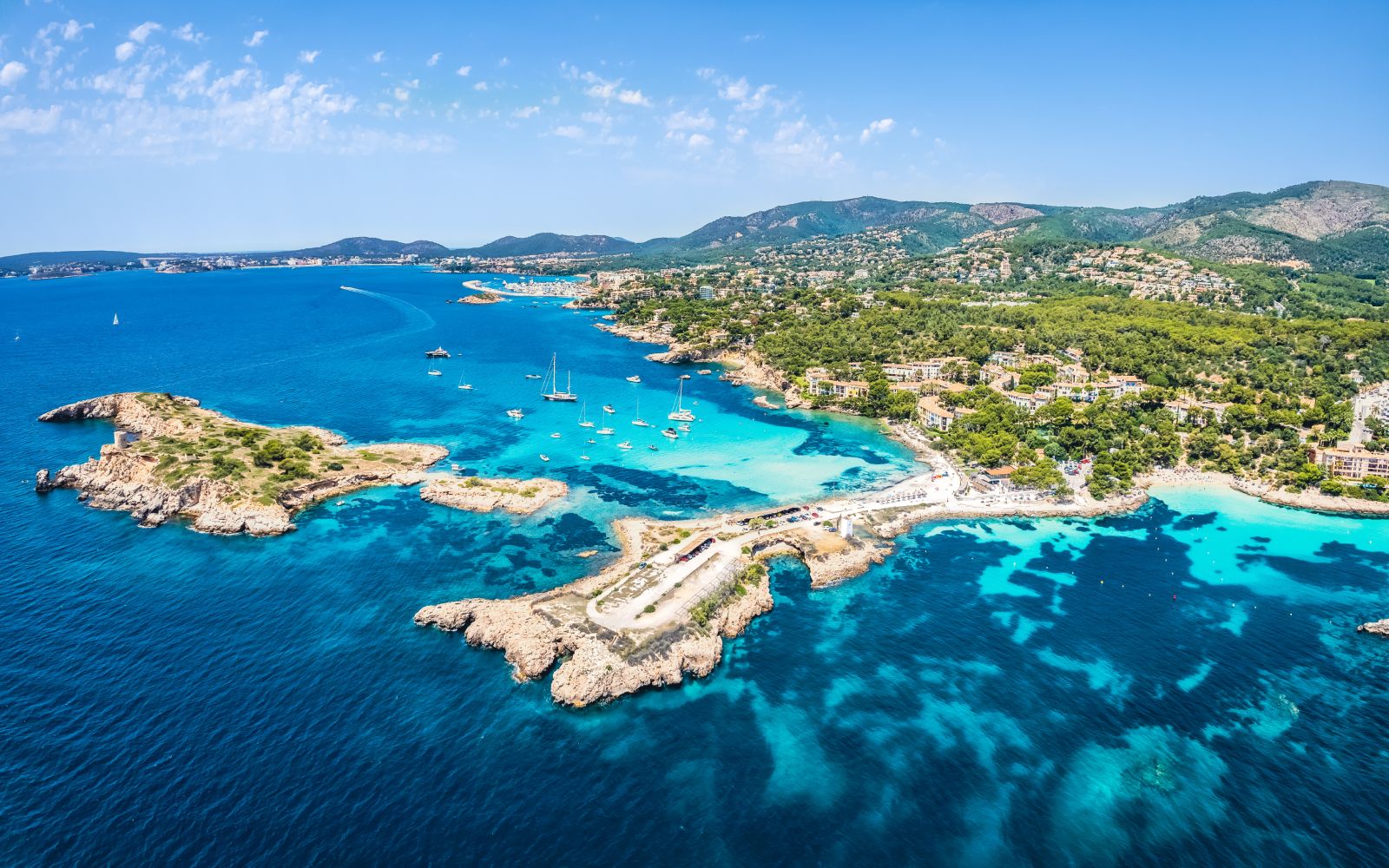 Aerial view of the sea coastline and Cala Xinxell, Illetas, Mallorca island, Spain