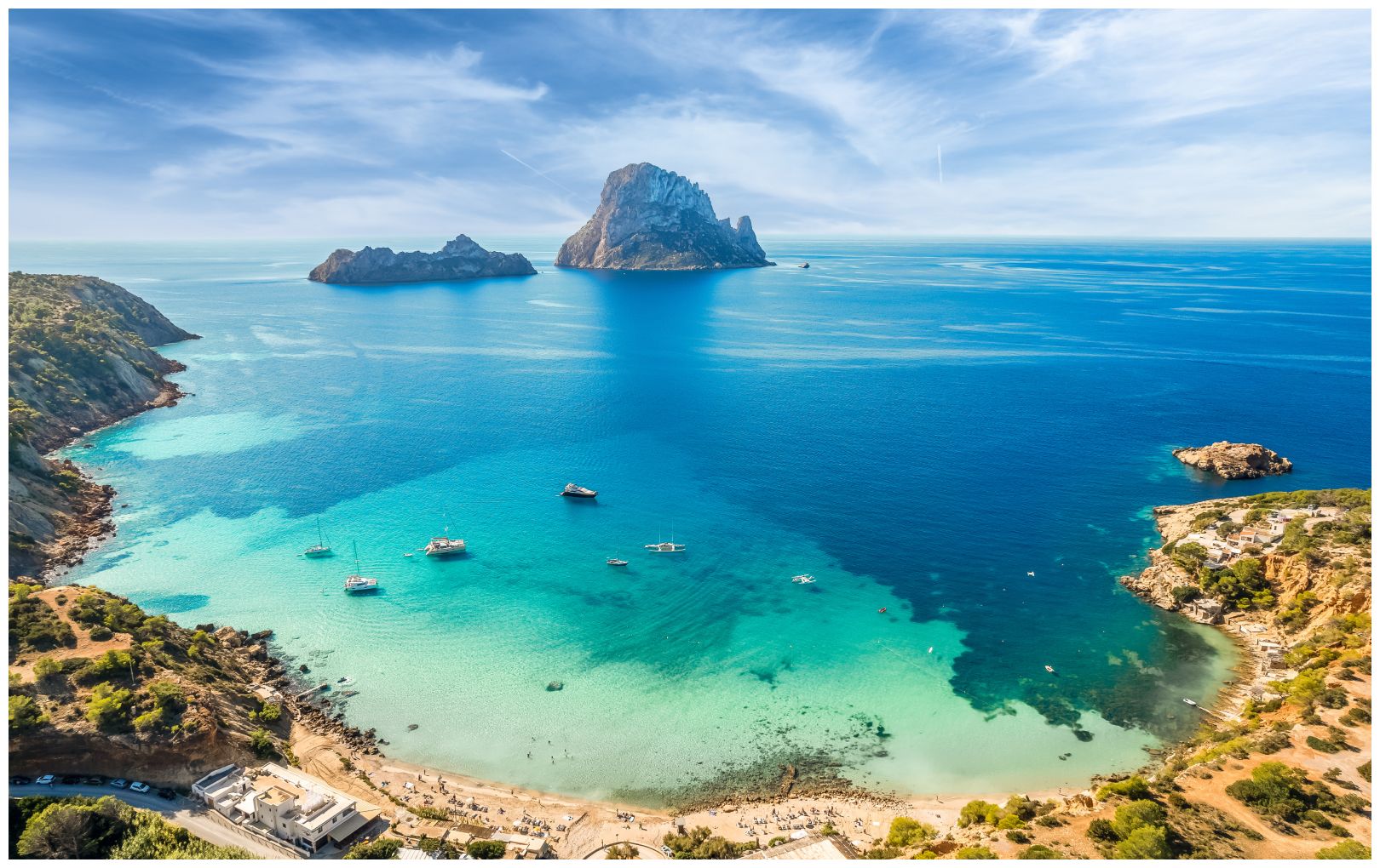 Aerial view of Cala d’Hort, Ibiza islands, Spain
