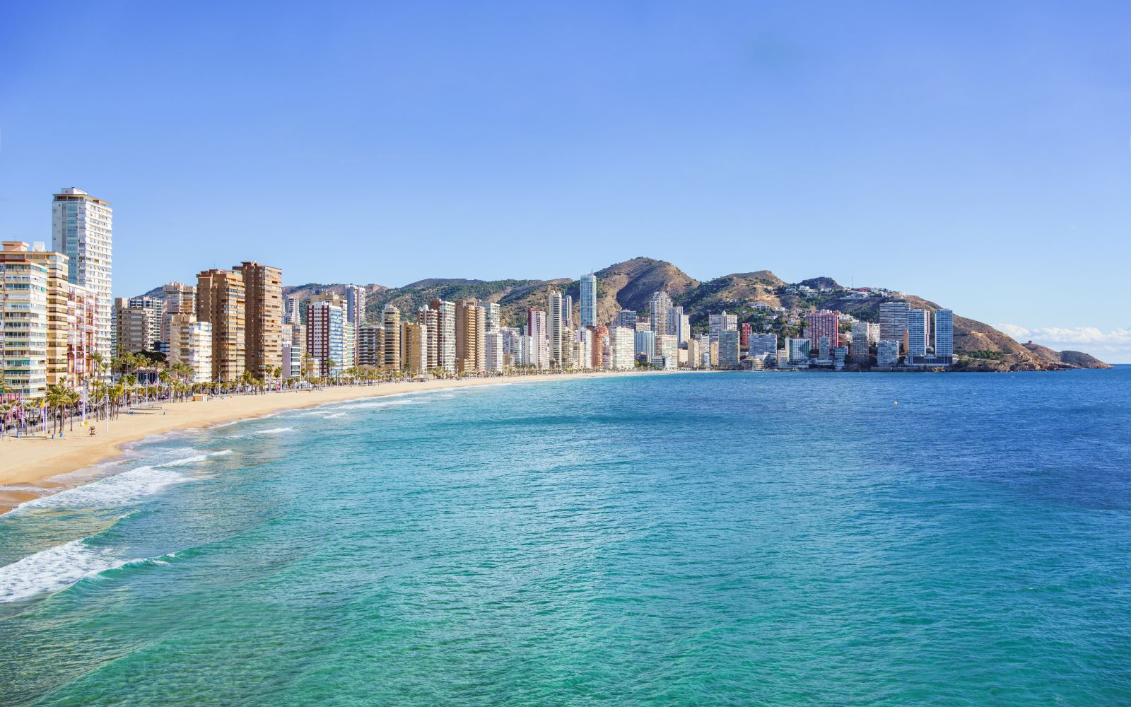 anorama of Playa de Levante in Benidorm, Comunidad Valenciana, Spain. Famous tourist landmark in the Mediterranean coast.