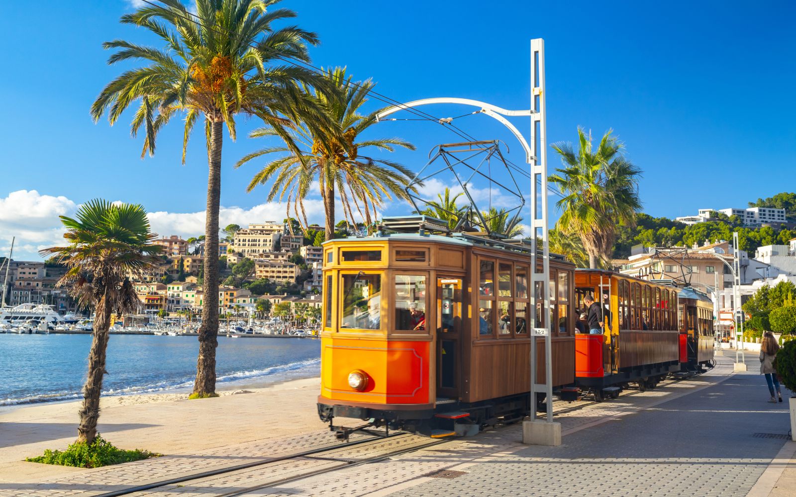 The famous orange tram runs from Soller to Port de Soller, Mallorca, Spain