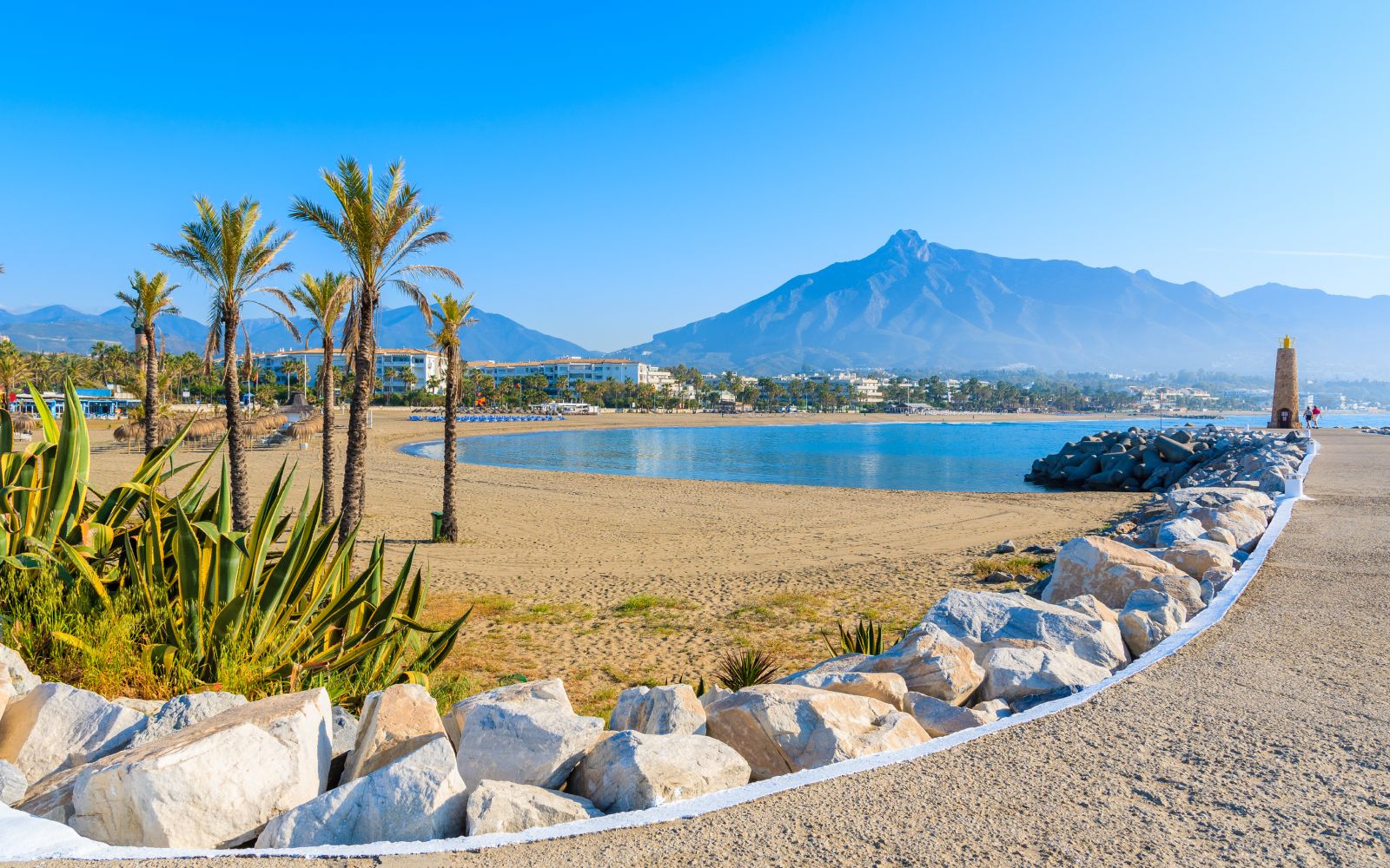 View of beautiful beach with palm trees in Marbella near Puerto Banus marina, Costa del Sol, Spain