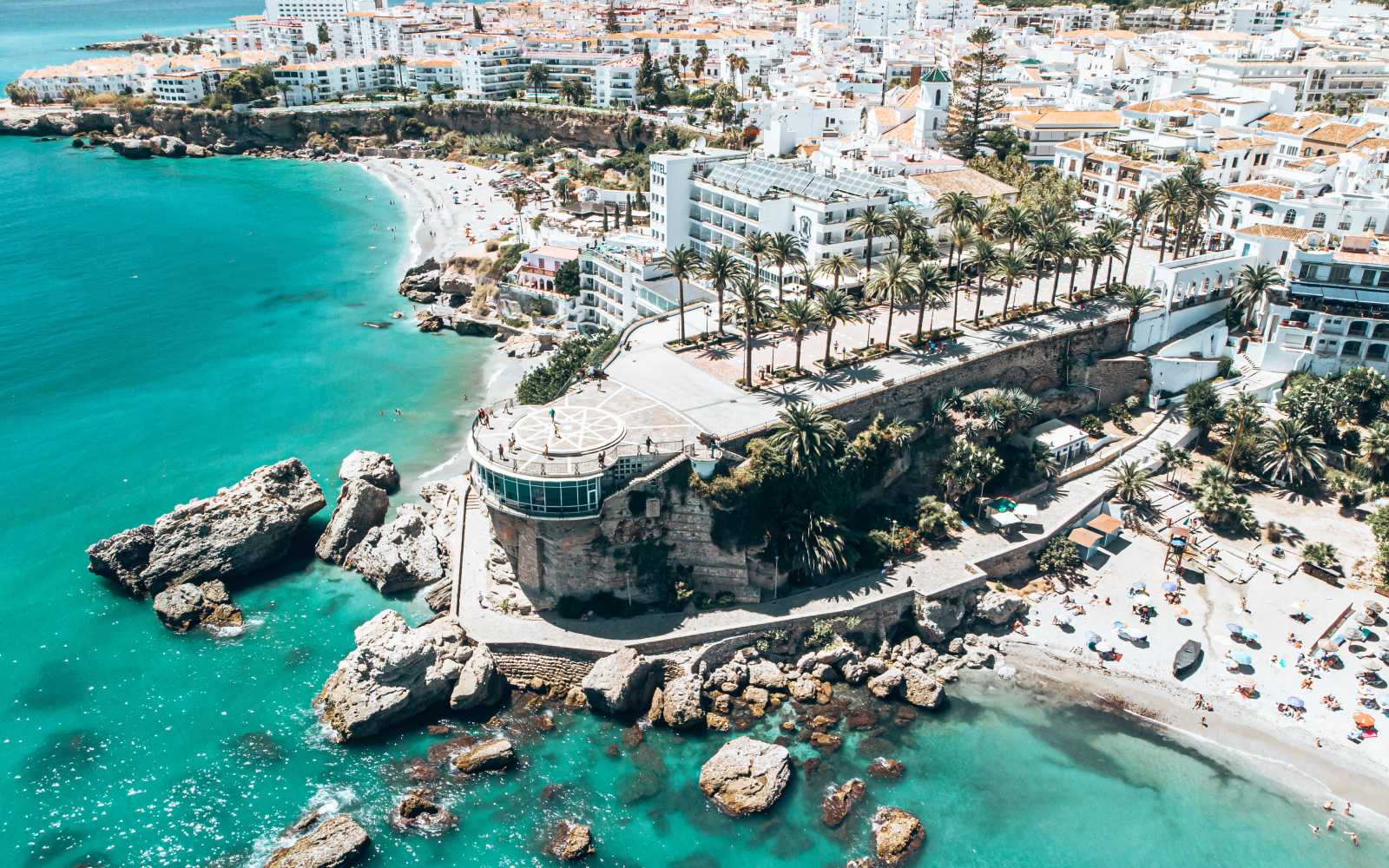 the beautiful Plaza Balcón de Europa in Nerja shot from a drone