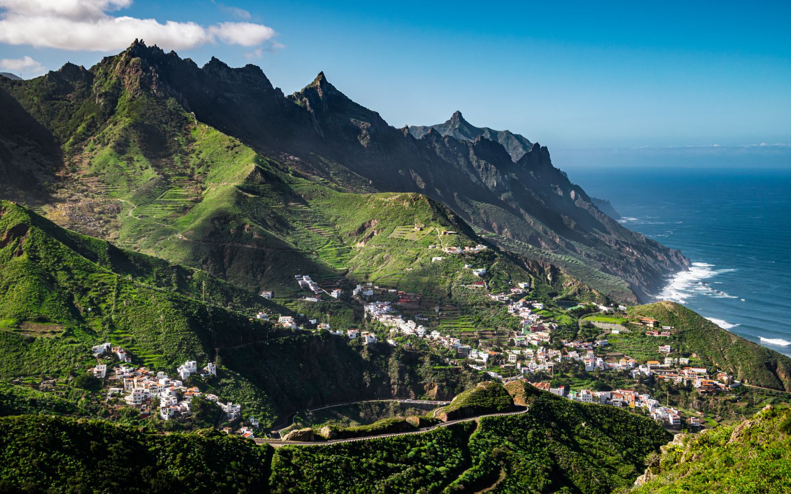 Anaga Rural park, view from El Bailadero viewpoint towards villages of Azanos and Taganana in Tenerife, Canary Islands, Spain.