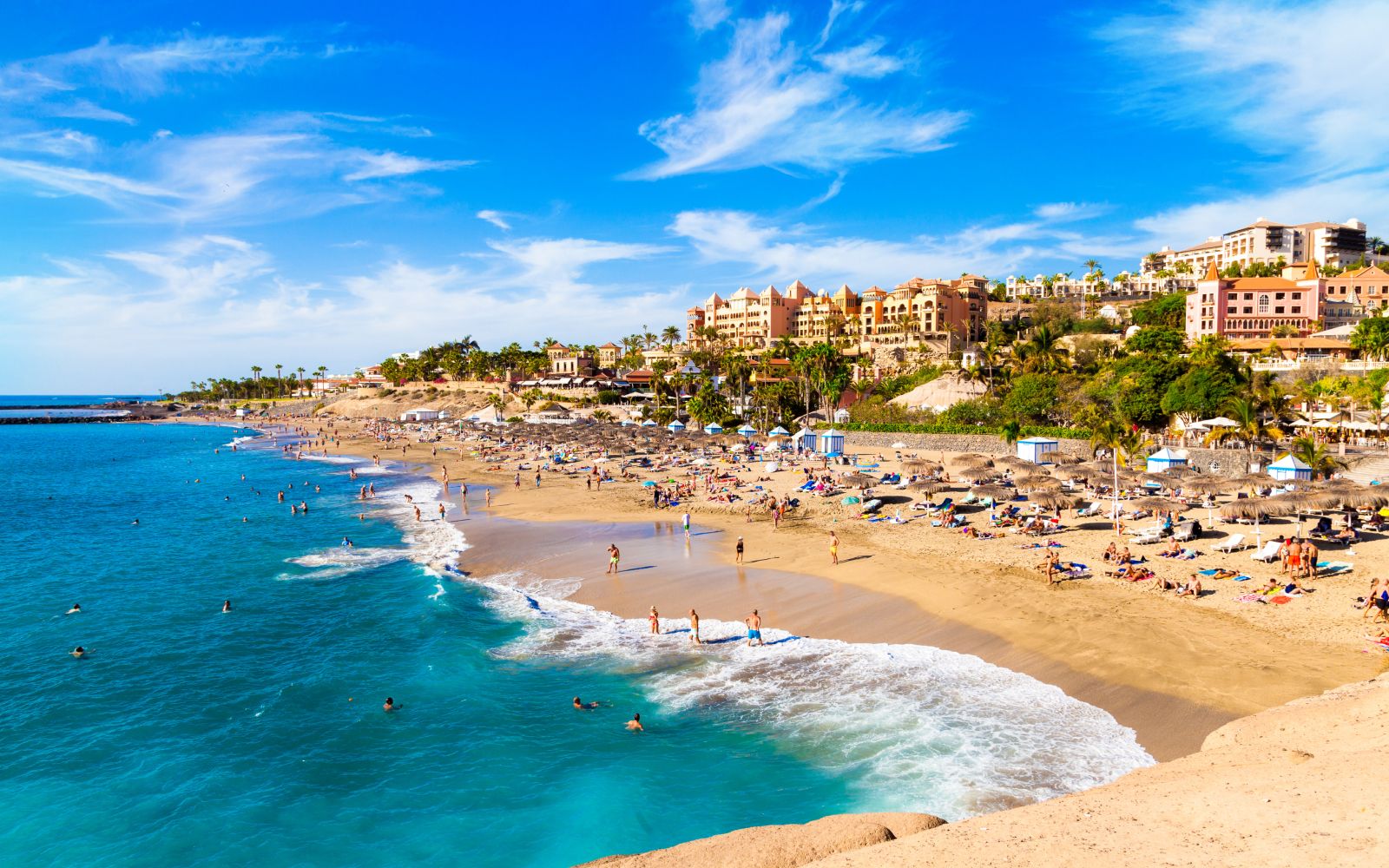 El Duque beach in Tenerife, famous Adeje coast on Canary island in summertime Spain
